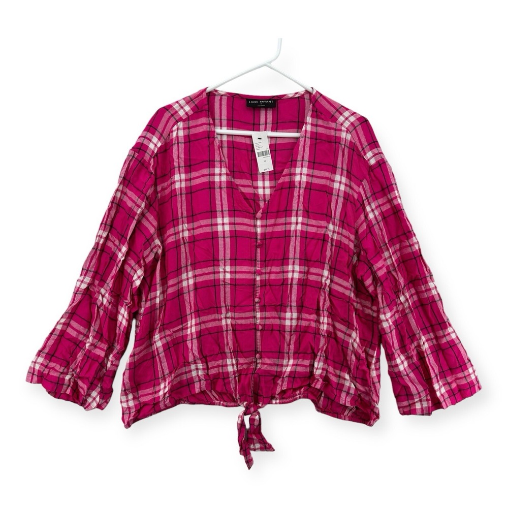Lane Bryant Womens 18 Pink‎ Plaid Metallic Tie Front Button Up Blouse NWT